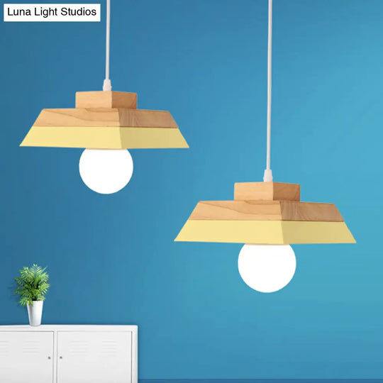 Modern Yellow/Pink & Wood Living Room Suspension Light With Geometric Metal Shade - 1-Bulb Hanging