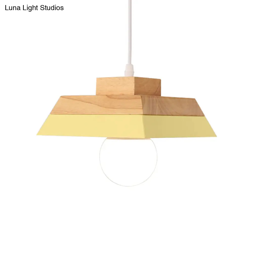 Modern Yellow/Pink And Wood Living Room Pendant Light With Geometric Metal Shade