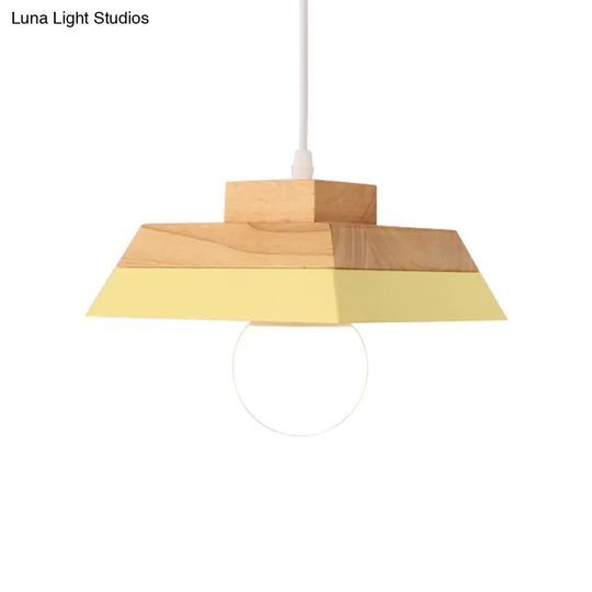 Modern Yellow/Pink And Wood Living Room Pendant Light With Geometric Metal Shade