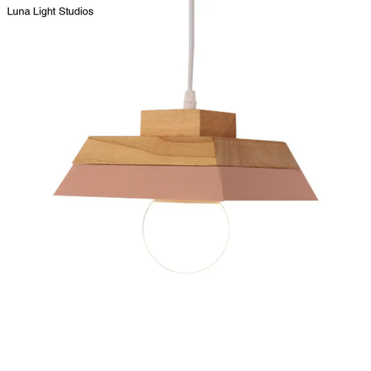 Modern Yellow/Pink & Wood Living Room Suspension Light With Geometric Metal Shade - 1-Bulb Hanging