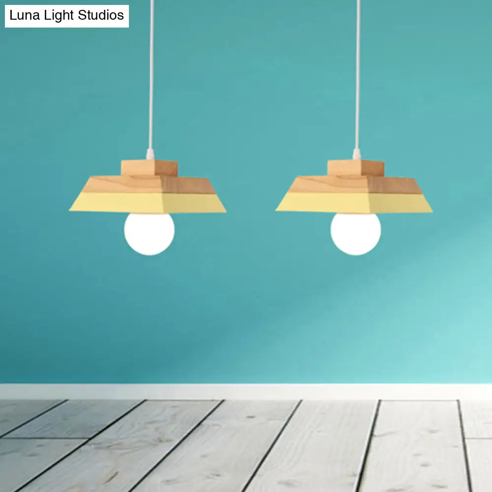 Modern Yellow/Pink & Wood Living Room Suspension Light With Geometric Metal Shade - 1-Bulb Hanging