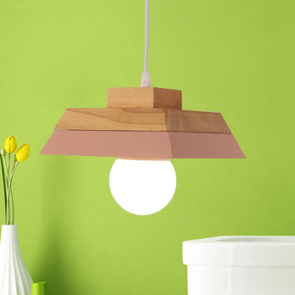 Modern Yellow/Pink And Wood Living Room Pendant Light With Geometric Metal Shade Pink