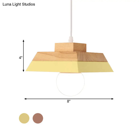 Modern Yellow/Pink & Wood Living Room Suspension Light With Geometric Metal Shade - 1-Bulb Hanging