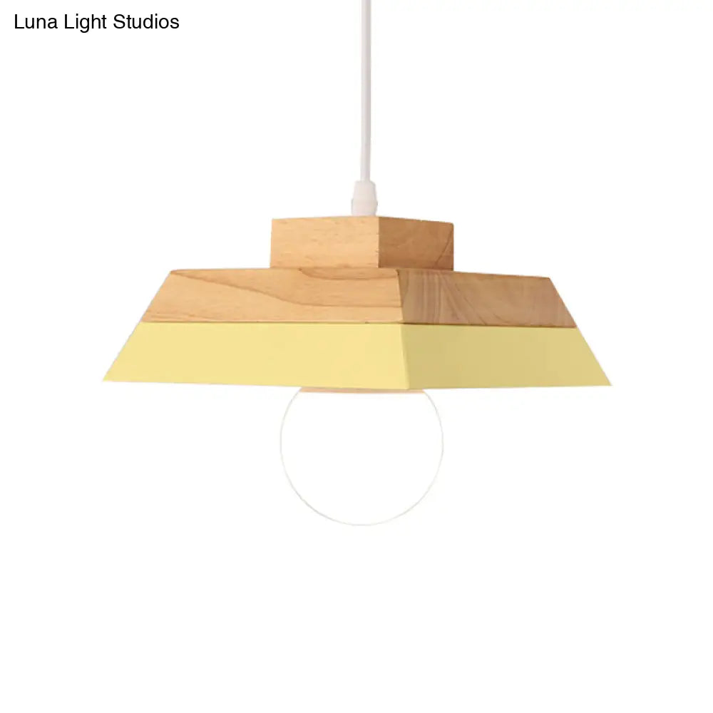 Modern Yellow/Pink & Wood Living Room Suspension Light With Geometric Metal Shade - 1-Bulb Hanging