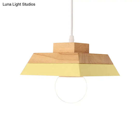 Modern Yellow/Pink & Wood Living Room Suspension Light With Geometric Metal Shade - 1-Bulb Hanging