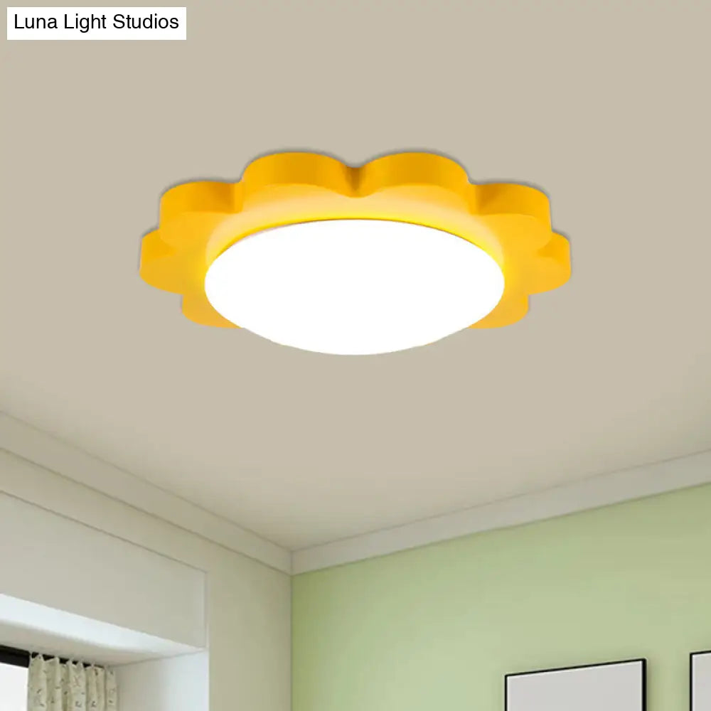 Modern Yellow Sun Metal Dome Led Ceiling Fixture For Playroom - Acrylic Flush Mount