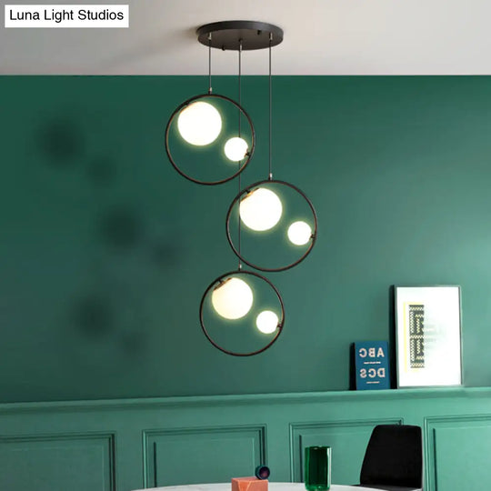 Black Orb Pendant Ceiling Light With Opal Glass Shade And Ring - Modernism 6-Light Multi