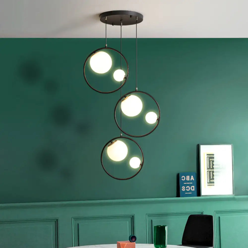 Modernism 6-Light Multi Pendant Ceiling Light - Opal Glass Shade And Ring Black