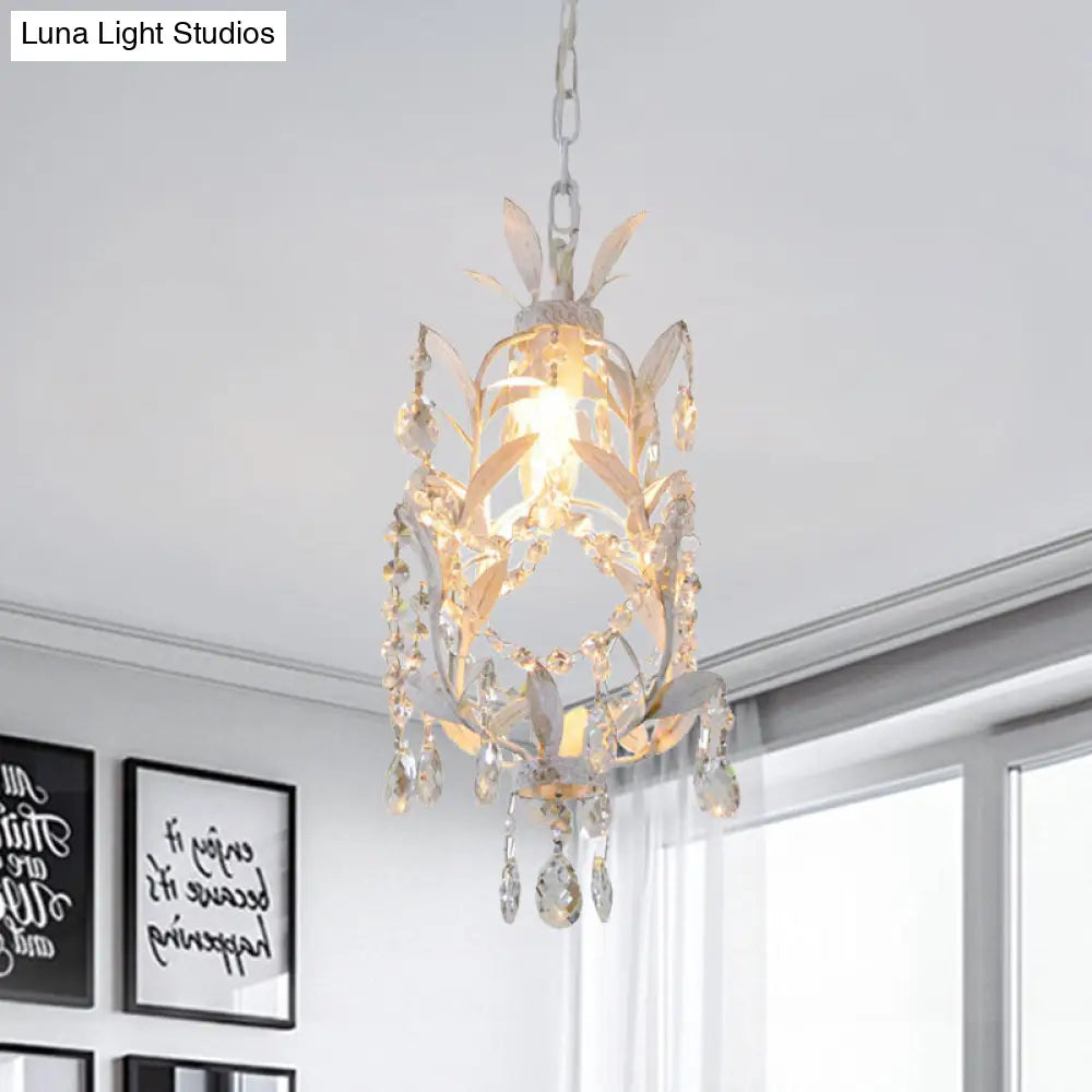 Modernism Crystal Drip Suspension Pendant With Leaves Design In White - 1 Bulb Ceiling Hang Fixture