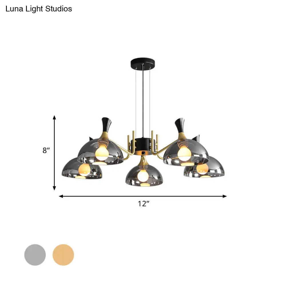 Modern Dome Chandelier With Smoke Gray And Amber Glass - 5 Bulb Bedroom Pendant Light