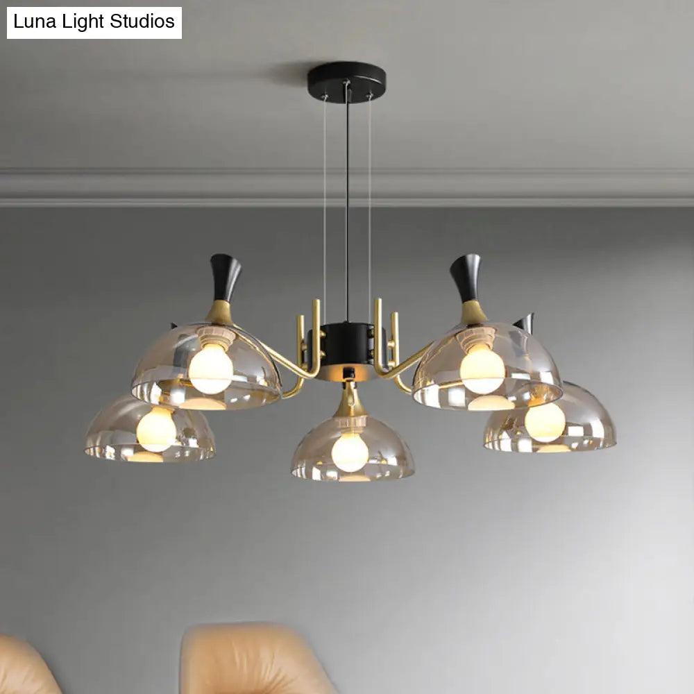 Modernism Dome Ceiling Chandelier - Smoke Gray/Amber Glass 5 Bulbs Bedroom Pendant Light