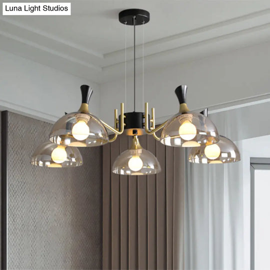 Modern Dome Chandelier With Smoke Gray And Amber Glass - 5 Bulb Bedroom Pendant Light