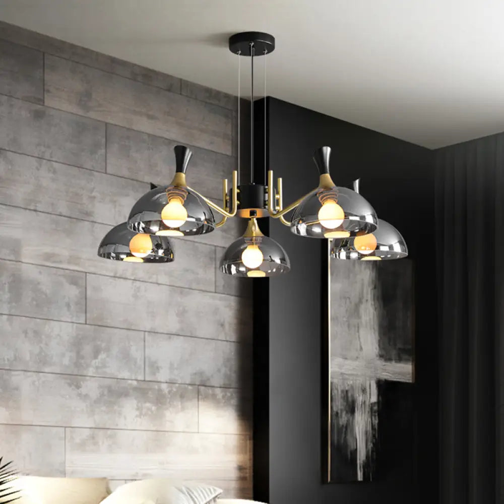 Modernism Dome Ceiling Chandelier - Smoke Gray/Amber Glass 5 Bulbs Bedroom Pendant Light Gray