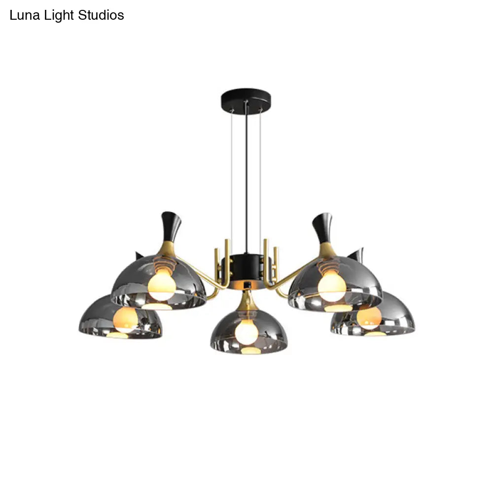 Modernism Dome Ceiling Chandelier - Smoke Gray/Amber Glass 5 Bulbs Bedroom Pendant Light