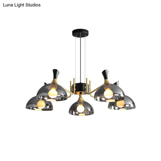 Modernism Dome Ceiling Chandelier - Smoke Gray/Amber Glass 5 Bulbs Bedroom Pendant Light