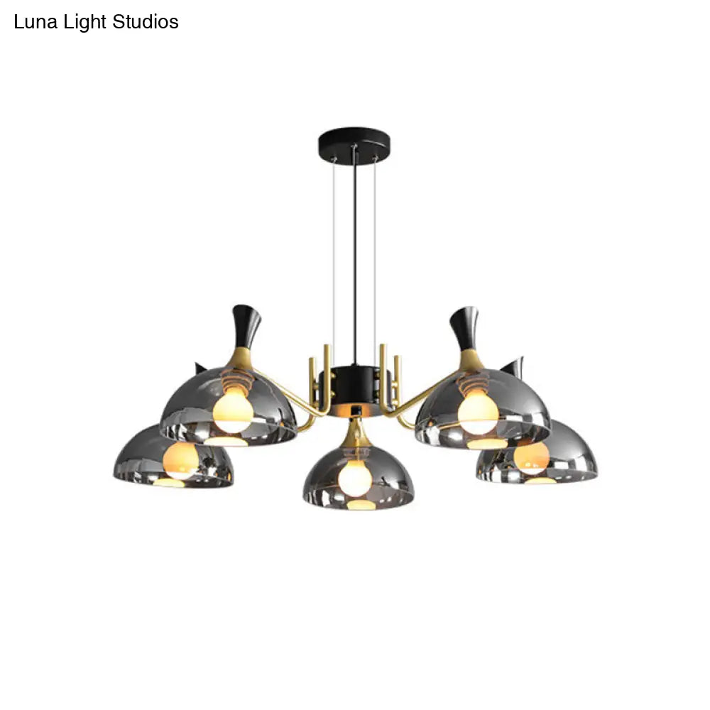 Modern Dome Chandelier With Smoke Gray And Amber Glass - 5 Bulb Bedroom Pendant Light