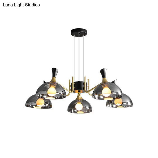 Modern Dome Chandelier With Smoke Gray And Amber Glass - 5 Bulb Bedroom Pendant Light