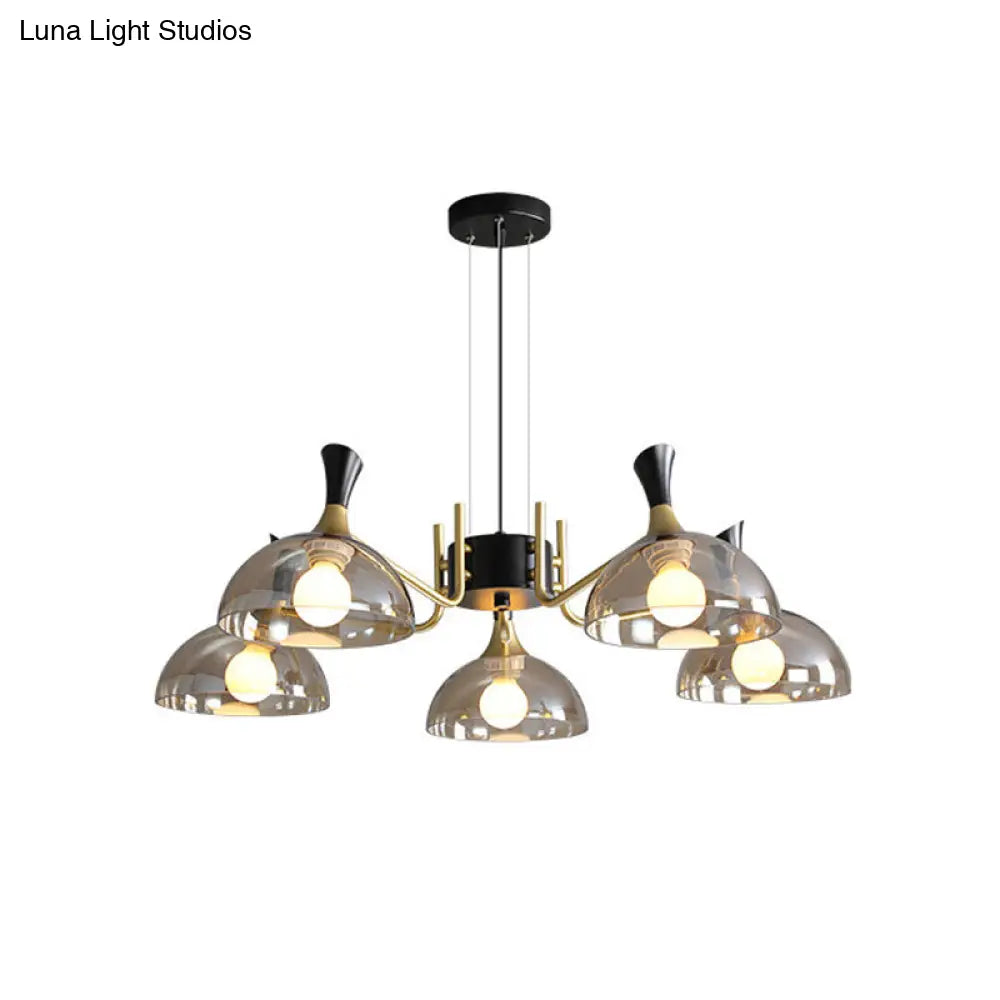 Modern Dome Chandelier With Smoke Gray And Amber Glass - 5 Bulb Bedroom Pendant Light