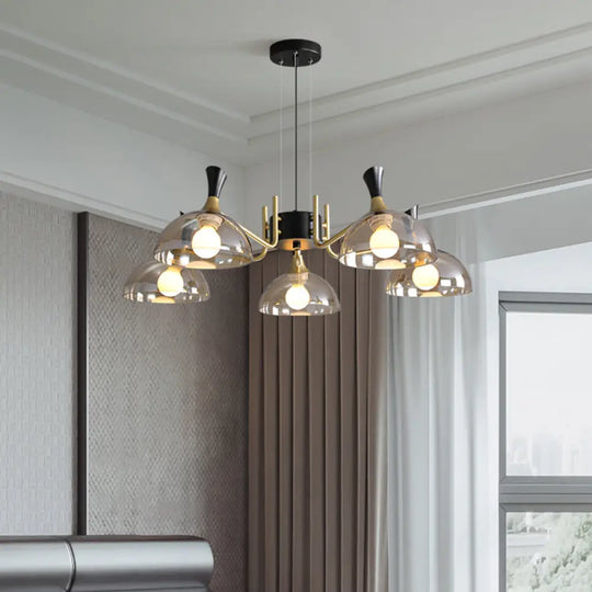 Modernism Dome Ceiling Chandelier - Smoke Gray/Amber Glass 5 Bulbs Bedroom Pendant Light Amber