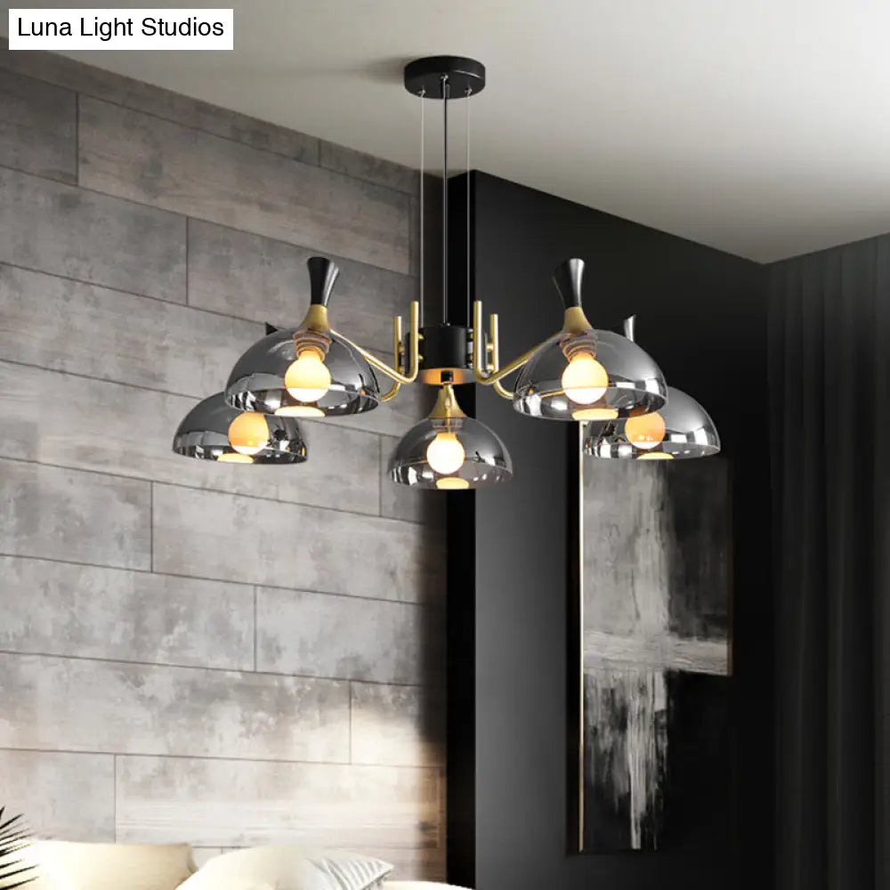 Modern Dome Chandelier With Smoke Gray And Amber Glass - 5 Bulb Bedroom Pendant Light