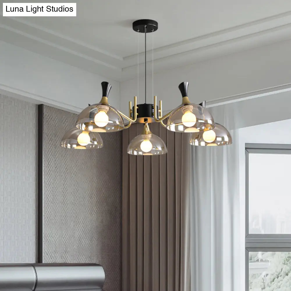 Modern Dome Chandelier With Smoke Gray And Amber Glass - 5 Bulb Bedroom Pendant Light