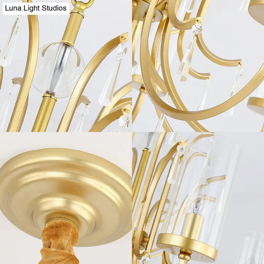 Gold Finish Modernism Clear Glass Cylinder Pendant Light Chandelier With Crystal Accents