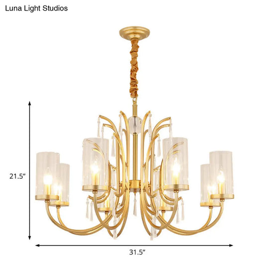 Gold Finish Modernism Clear Glass Cylinder Pendant Light Chandelier With Crystal Accents