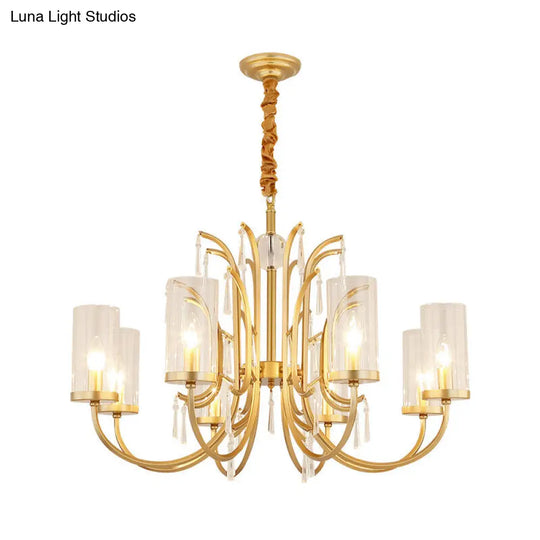 Gold Finish Modernism Clear Glass Cylinder Pendant Light Chandelier With Crystal Accents