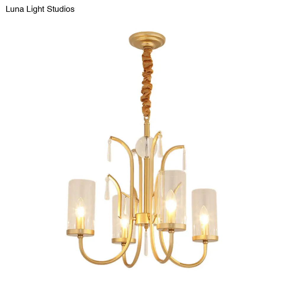 Gold Finish Modernism Clear Glass Cylinder Pendant Light Chandelier With Crystal Accents