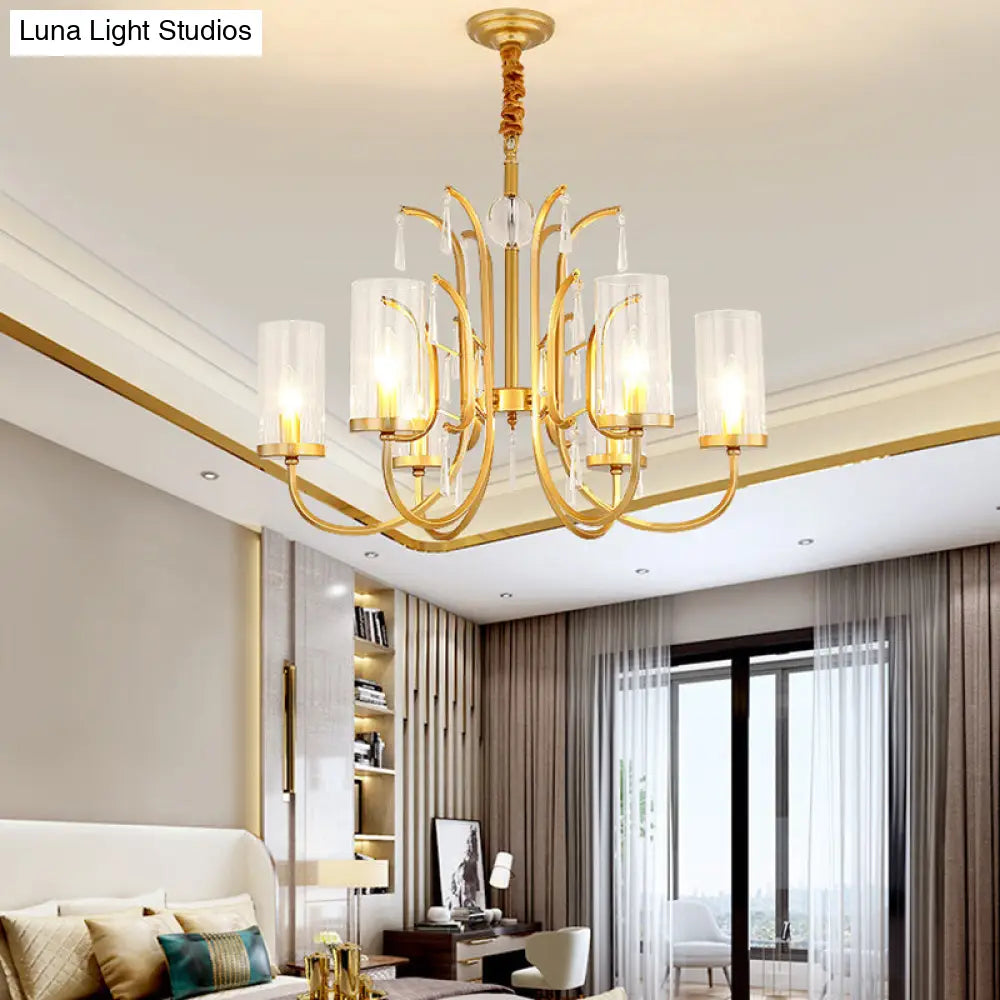 Gold Finish Modernism Clear Glass Cylinder Pendant Light Chandelier With Crystal Accents 6 /