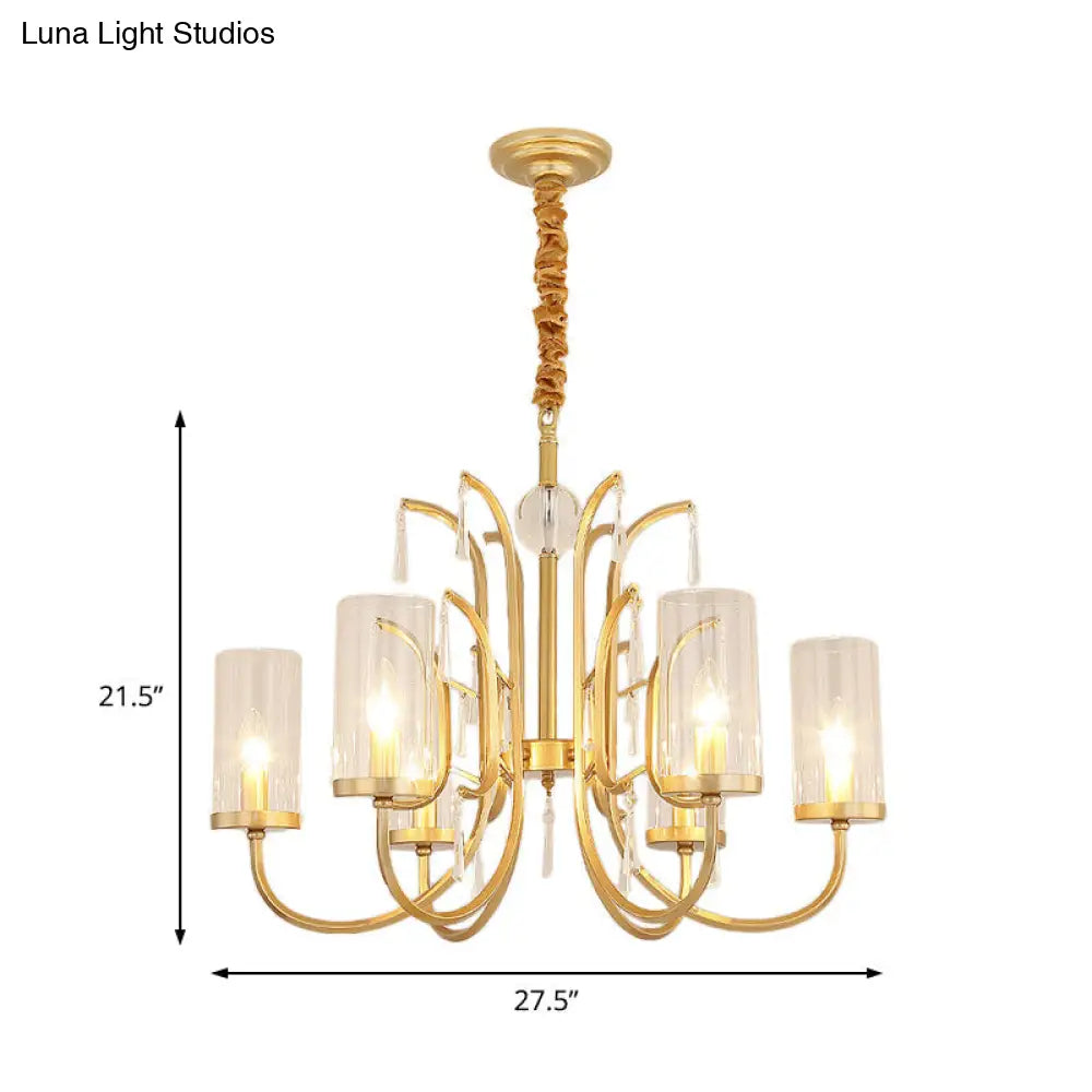 Gold Finish Modernism Clear Glass Cylinder Pendant Light Chandelier With Crystal Accents