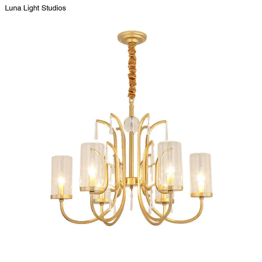 Gold Finish Modernism Clear Glass Cylinder Pendant Light Chandelier With Crystal Accents