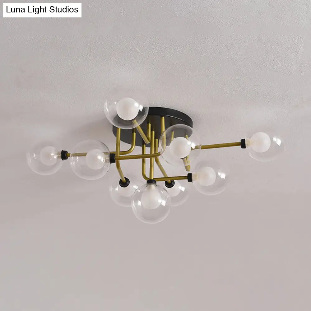 Modernism Gold Led Semi Flush Ceiling Mount With 9 Bulbs: Clear Glass Sphere Lighting