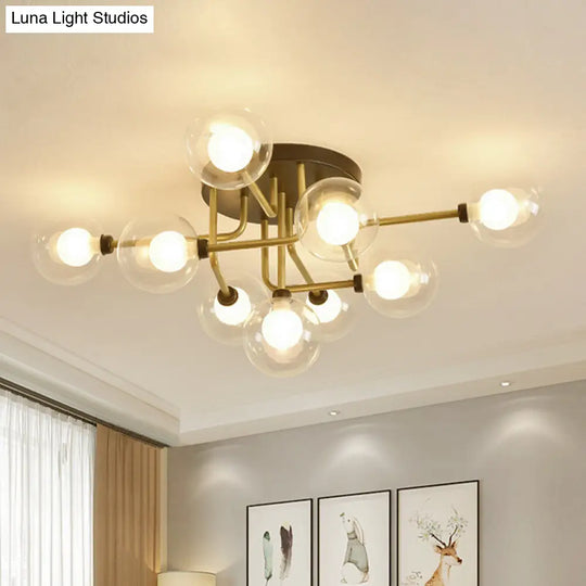 Gold Led Glass Sphere Semi-Flush Ceiling Light With 9 Bulbs Modern And Elegant