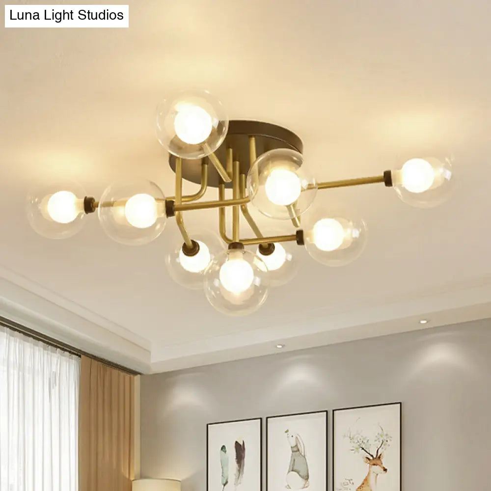 Modernism Gold Led Semi Flush Ceiling Mount With 9 Bulbs: Clear Glass Sphere Lighting