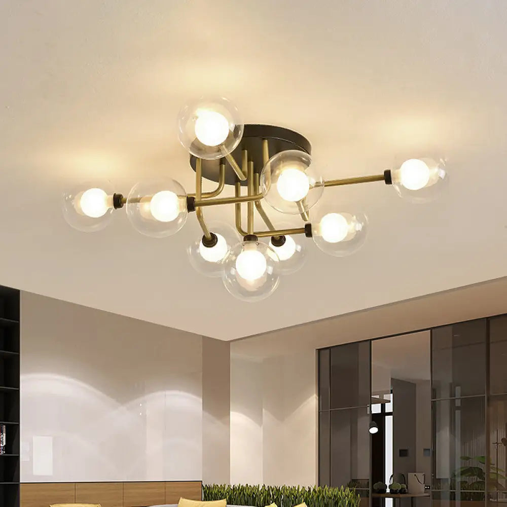 Modernism Gold Led Semi Flush Ceiling Mount With 9 Bulbs: Clear Glass Sphere Lighting