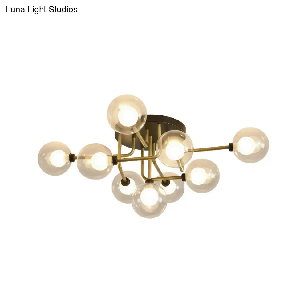 Modernism Gold Led Semi Flush Ceiling Mount With 9 Bulbs: Clear Glass Sphere Lighting