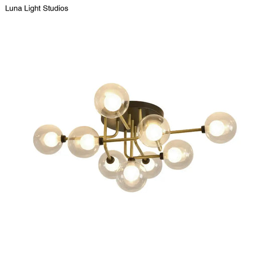 Modernism Gold Led Semi Flush Ceiling Mount With 9 Bulbs: Clear Glass Sphere Lighting