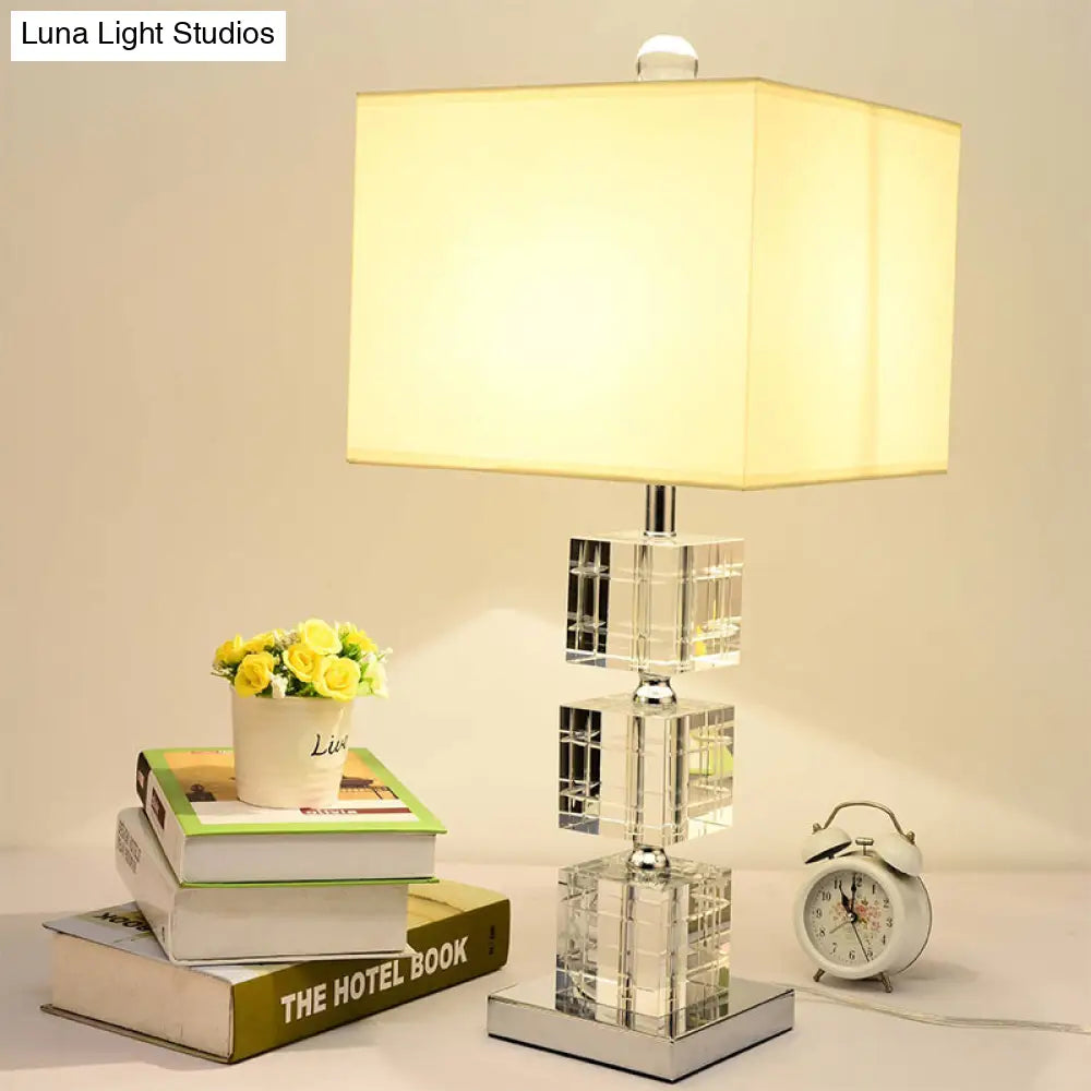 Modernism Small Beige Desk Lamp: Cuboid Fabric Task Lighting With Hand-Cut Crystal