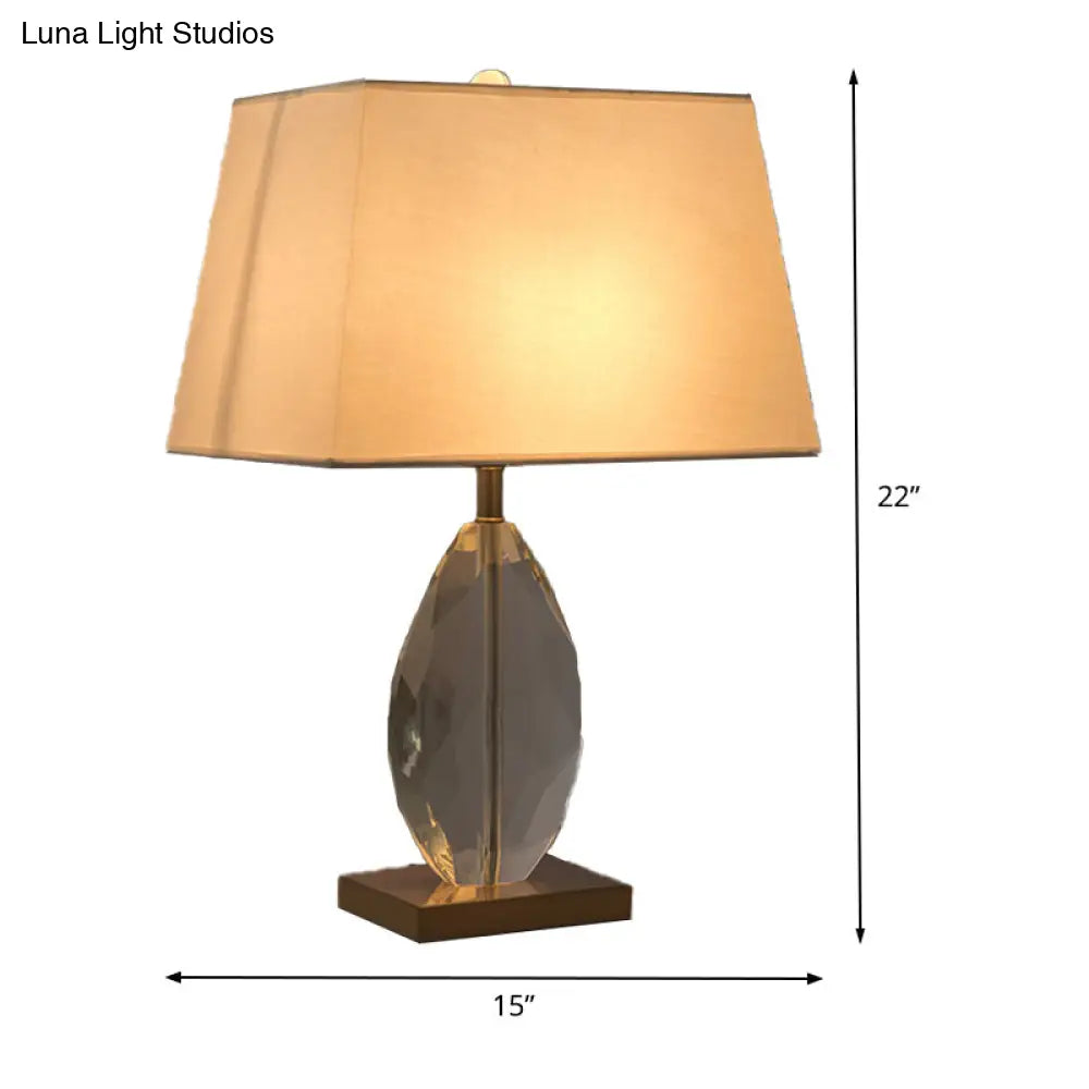 Modernism Teardrop Reading Light With Beveled Crystal Accent - White Nightstand Lamp Fabric Shade