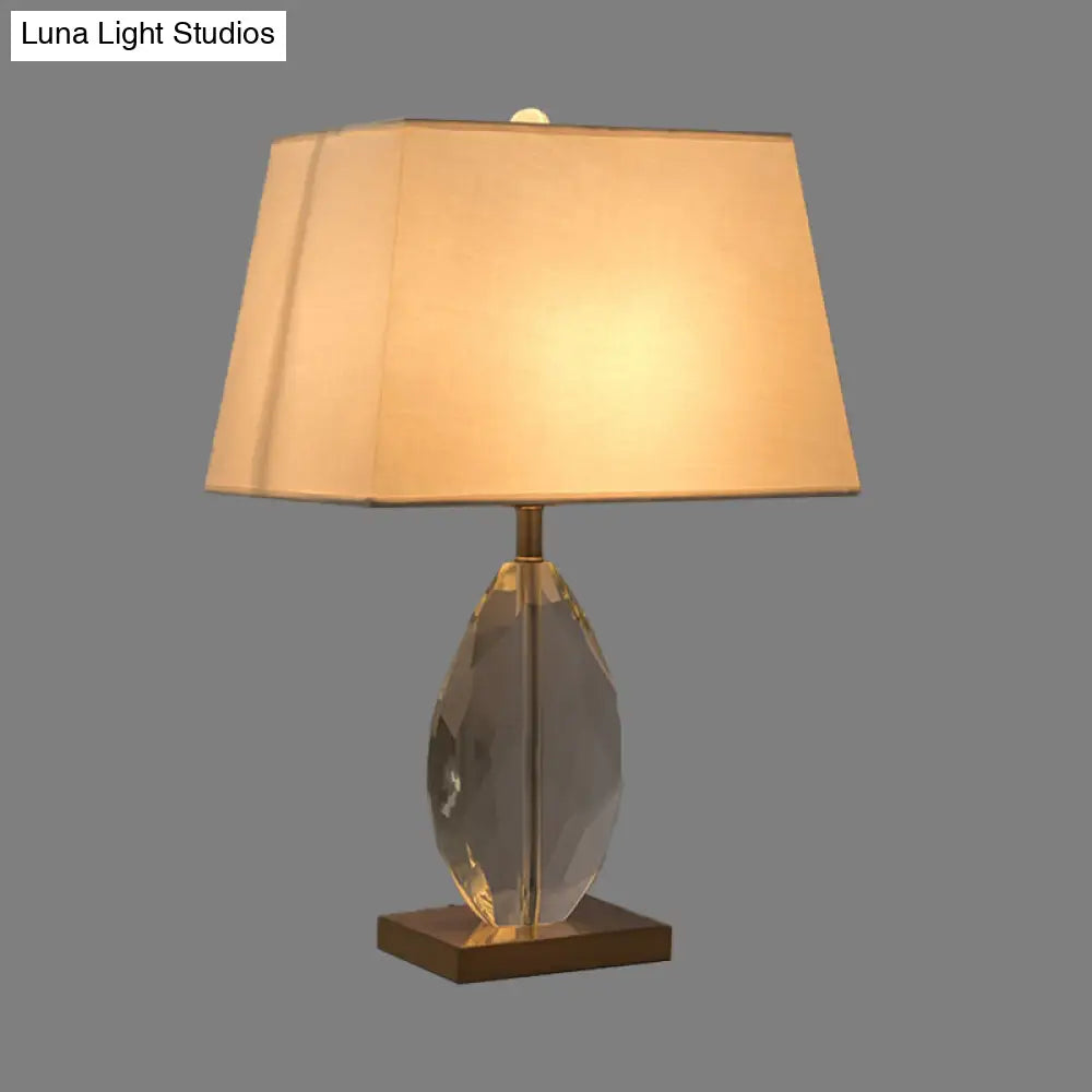 Modernism Teardrop Reading Light With Beveled Crystal Accent - White Nightstand Lamp Fabric Shade