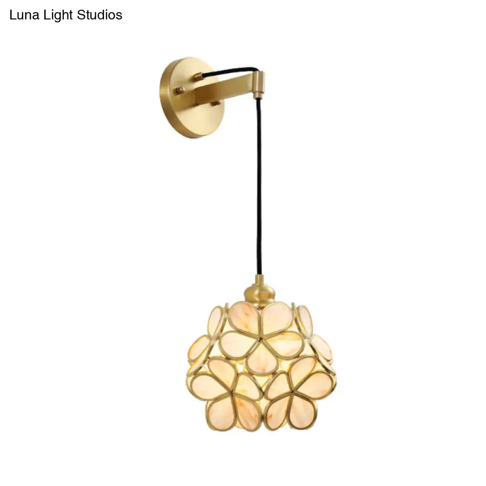 Modernist 1-Bulb Bedside Sconce Light: Brass Floral Ball Wall Lamp With Glass Shades