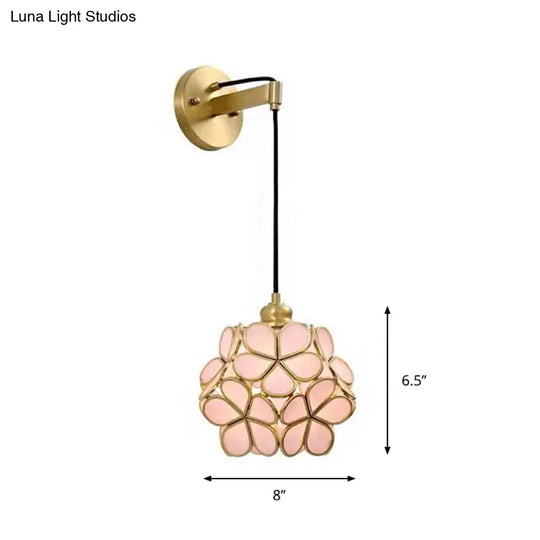 Modernist 1-Bulb Bedside Sconce Light: Brass Floral Ball Wall Lamp With Glass Shades