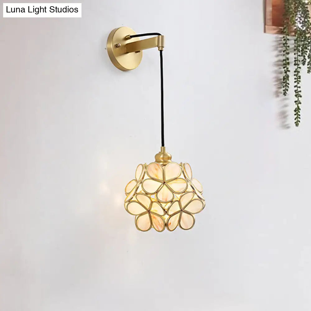 Modernist 1-Bulb Bedside Sconce Light: Brass Floral Ball Wall Lamp With Glass Shades