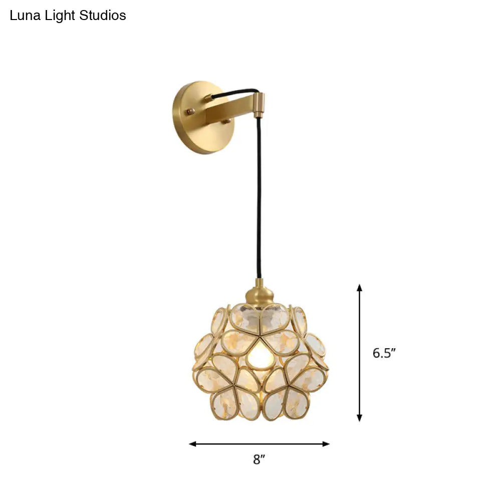 Modernist 1-Bulb Bedside Sconce Light: Brass Floral Ball Wall Lamp With Glass Shades