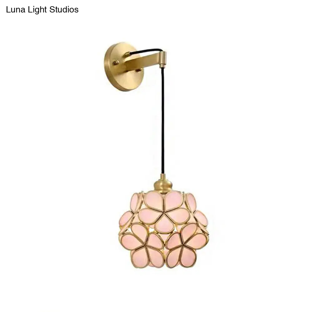 Modernist 1-Bulb Bedside Sconce Light: Brass Floral Ball Wall Lamp With Glass Shades