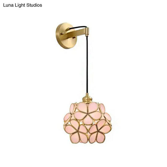 Modernist 1-Bulb Bedside Sconce Light: Brass Floral Ball Wall Lamp With Glass Shades