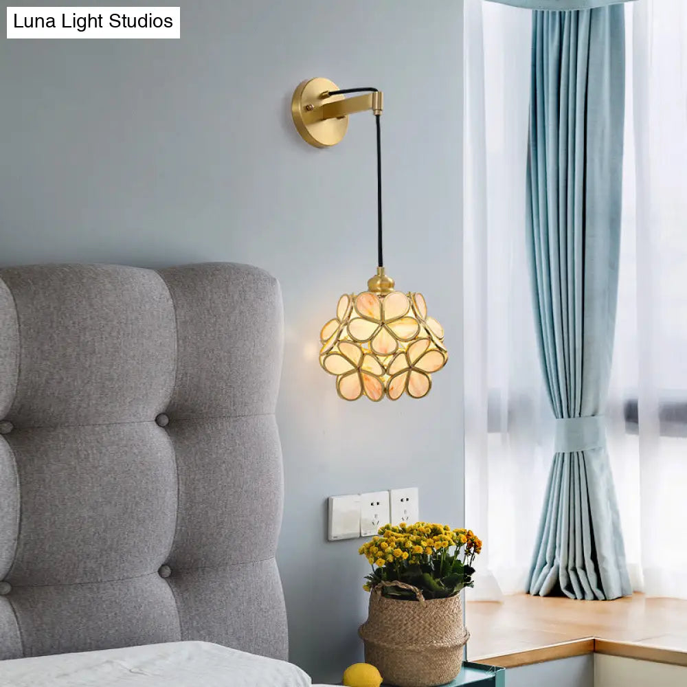 Modernist 1-Bulb Bedside Sconce Light: Brass Floral Ball Wall Lamp With Glass Shades