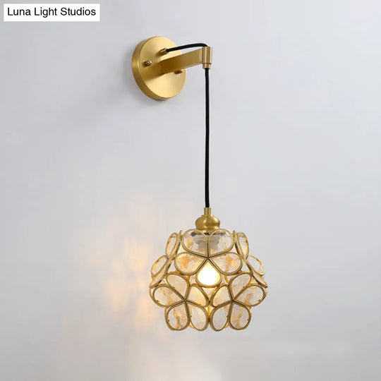 Modernist 1-Bulb Bedside Sconce Light: Brass Floral Ball Wall Lamp With Glass Shades