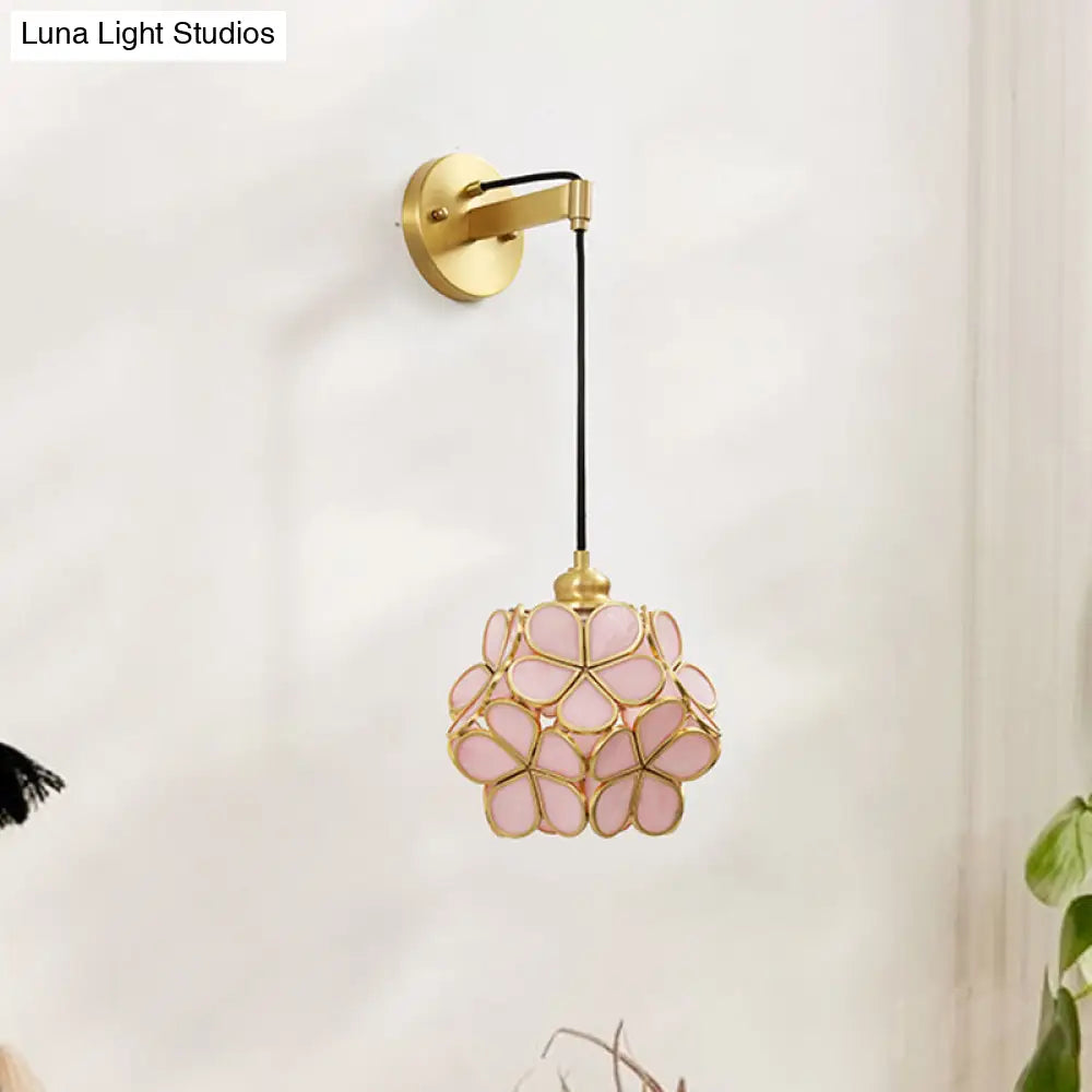 Modernist 1-Bulb Bedside Sconce Light: Brass Floral Ball Wall Lamp With Glass Shades